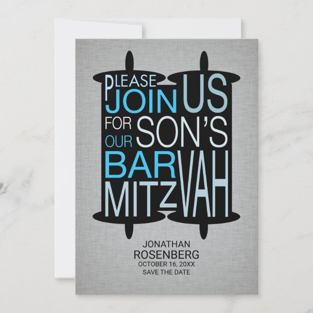 Reserve A Data Modern Torah Bar Mitzvah Salve a Cinza Azul (Frente)