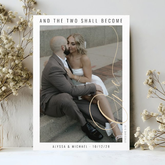 Reserve A Data Modern Typography Photo Elegant Christian Wedding (Elegant simple modern Christian bible verse engagement photo gold black and white wedding invitation)