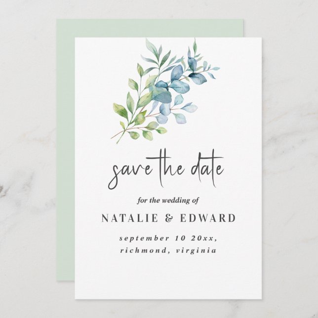 Reserve A Data Modern Watercolor Eucalyptus Greenery Wedding (Frente/Verso)