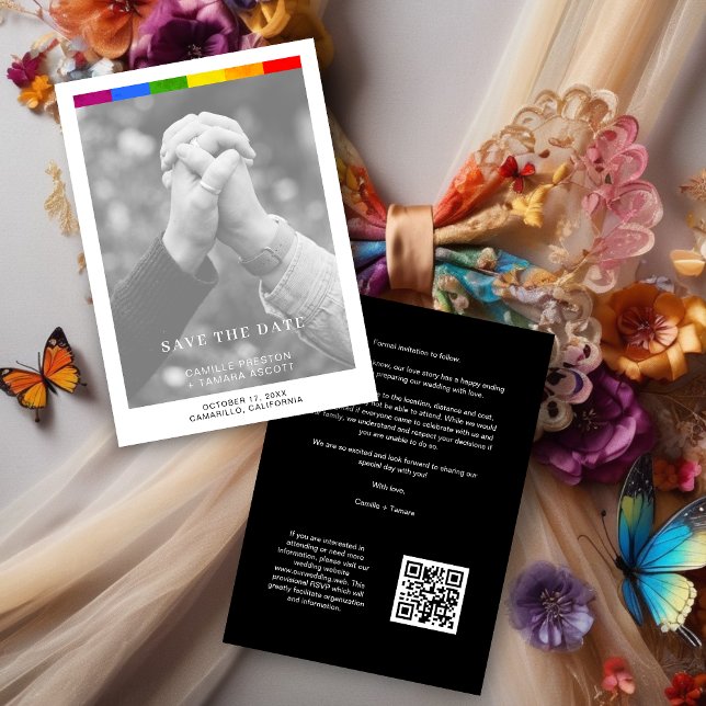 Reserve A Data Modern Wedding Editorial LGBTQ+ Pride Photo (Minimalist Black and White LGBTQ+ Marriage Announcement with Custom QR Code.)