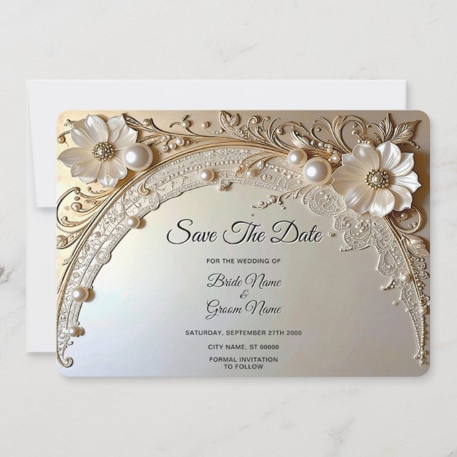 Reserve A Data Modern White Flowers Pearls Save The Date (Frente)