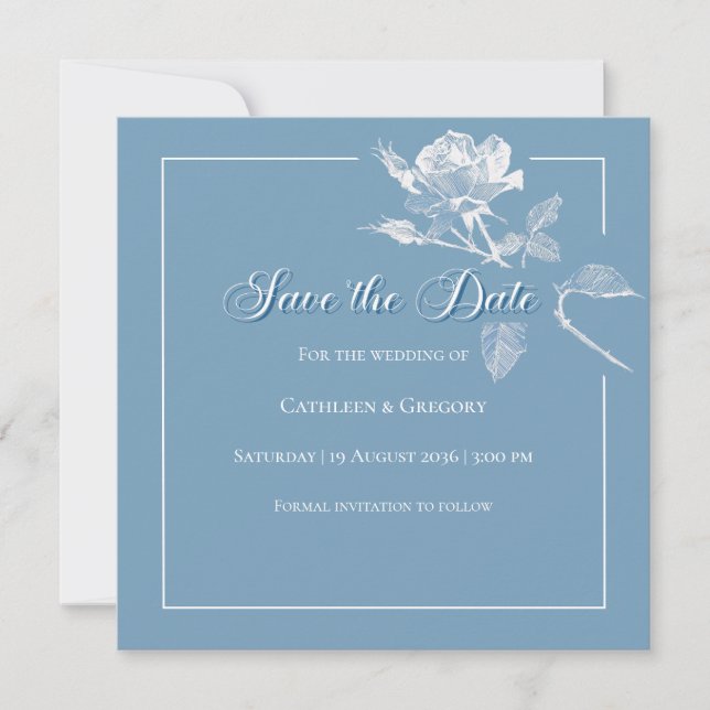 Reserve A Data Modern White Roses Dusty Blue Floral Wedding  (Frente)