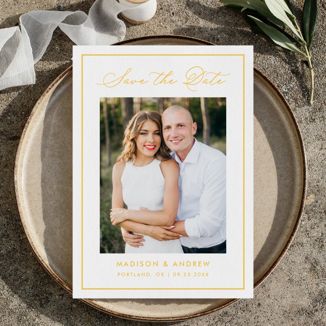 Reserve A Data Modern Yellow Border Script Photo Wedding (Criador carregado)