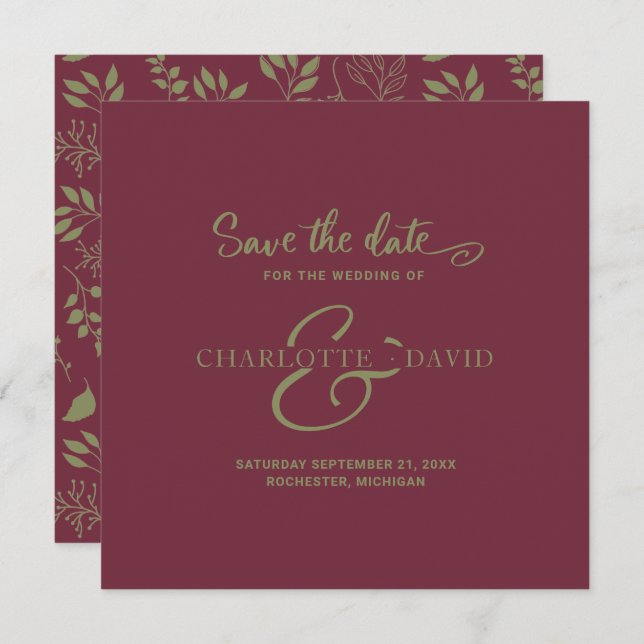 Reserve A Data Moderno Borgonha e Casamento Verde Salvem a Data (Frente/Verso)
