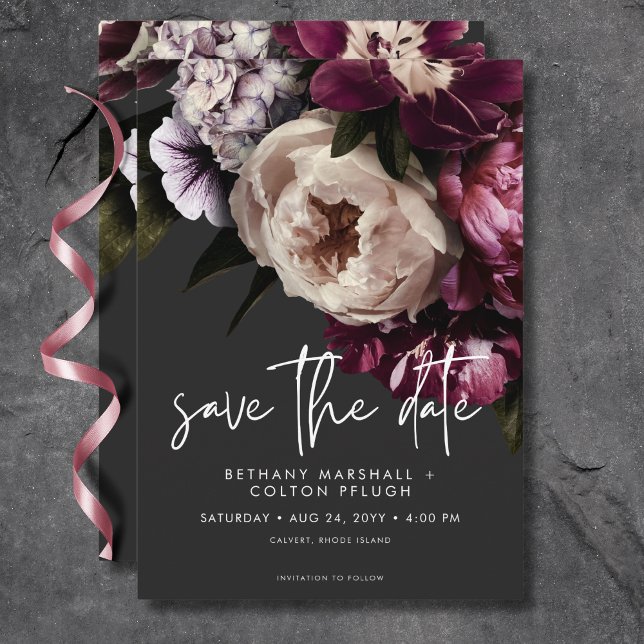 Reserve A Data Moderno Borgonha e Creme Peonies Floral Preto (Modern Burgundy & Cream Peonies Floral Black Save The Date)