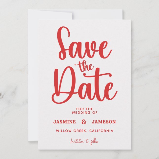 Reserve A Data Moderno Casamento Fotográfico Retro Vermelho Scrip (Frente)