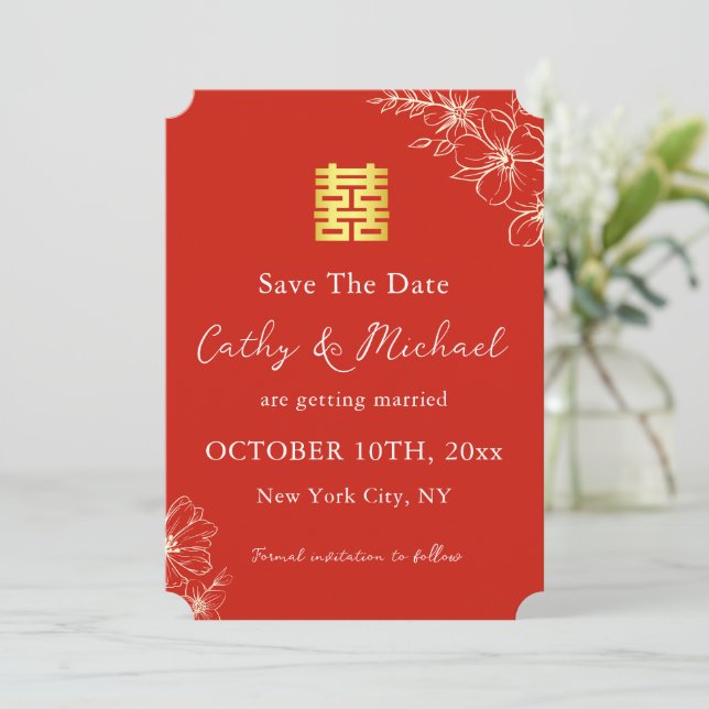 Reserve A Data Moderno elegante casamento chinês floral script ve (Em pé/Frente)