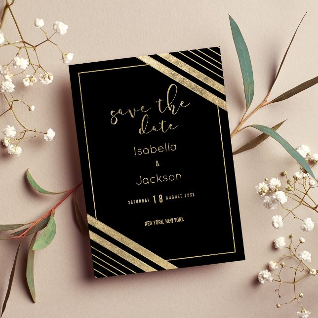 Reserve A Data Moderno geométrico dourado falso preto (Modern black faux gold geometrical save the date)