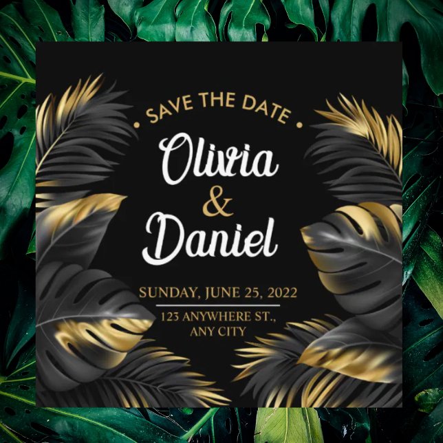 Reserve A Data Moderno Luxo Chic Preto Dourado Palma Tropical  (Criador carregado)