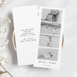 Reserve A Data Moderno Salvar a Fita de Fotografias de Data<br><div class="desc">Este elegante casamento branco salva a data com um sofisticado design que incorpora uma faixa de fotos em preto e branco, permitindo que os casais exibam três imagens queridas. Misturando estilo e sentimento, este convite serve como um belo anúncio de salvamento, convidando convidados a compartilhar a alegria da próxima comemoração....</div>
