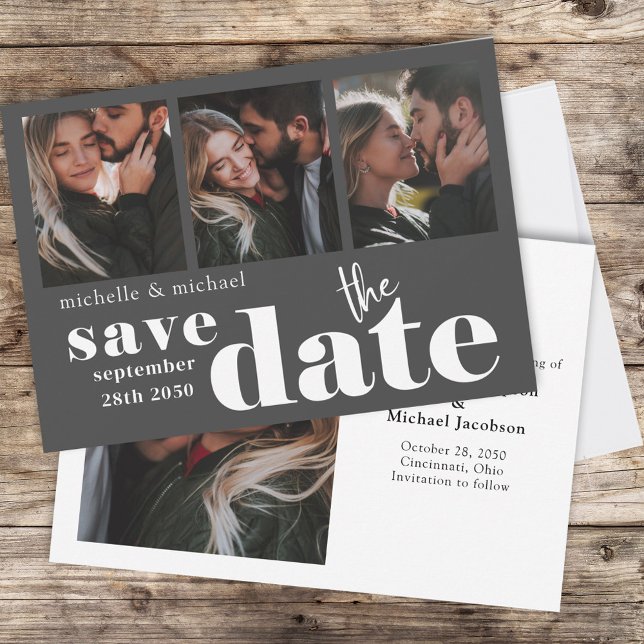 Reserve A Data Moderno Salvar a multifoto de data (Double-sided four photo layout wedding save the date template)
