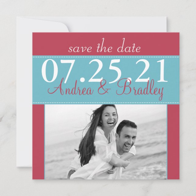 Reserve A Data Moderno Save the Date de Casamento Azul Água Verme (Frente)