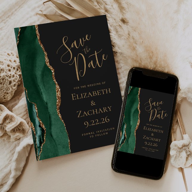 Reserve A Data Moderno Save the Date Verde Esmeralda em Ouro e Ág (Criador carregado)