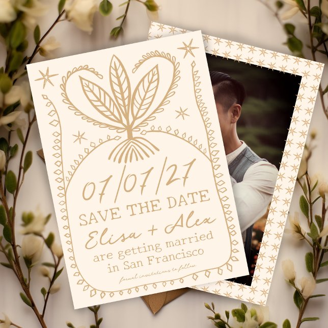 Reserve A Data Moldura Boho Caprichosa SALVE A DATA FOTO PERSONAL (Whimsical Boho Frame SAVE THE DATE CUSTOM PHOTO
Botanical Stars Unique Cute Cream Gold)