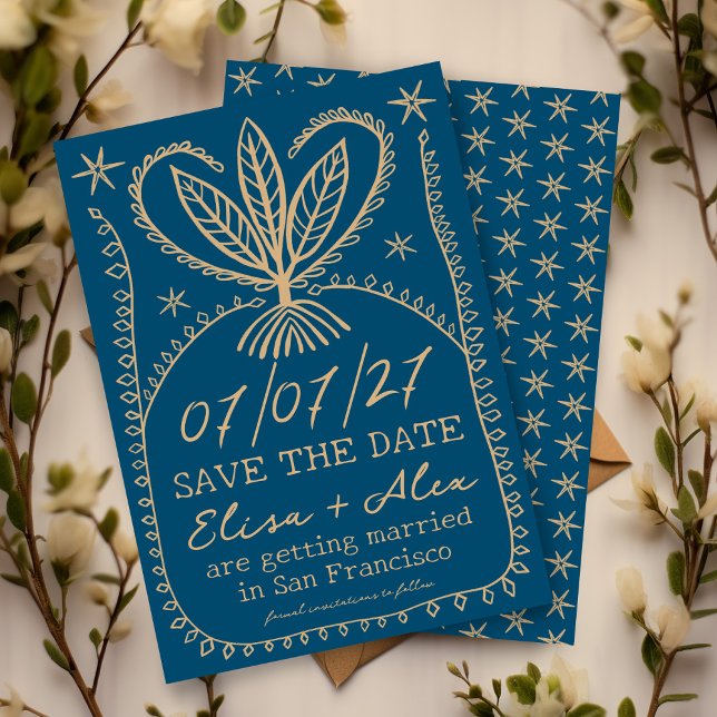 Reserve A Data Moldura Boho Caprichosa SAVE THE DATE PERSONALIZAD (Whimsical Boho Frame Elegant SAVE THE DATE CUSTOM
blue gold botanical stars)