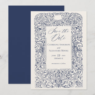 Reserve A Data Moldura de Enfeite Antigo Elegante Casamento Azul