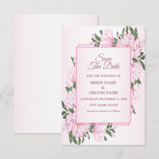 Reserve A Data Moldura de Folhas Verdes Florais Rosa Casamento El (Frente/Verso)