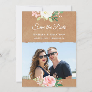 Reserve A Data Moldura de Foto Marrom Rosa Floral Kraft Rústica