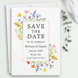 Reserve A Data Moldura Dourada de Aquarela de Flores Silvestres