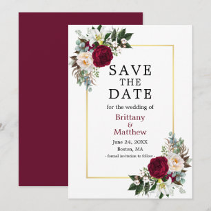 Reserve A Data Moldura Dourada Floral Branco Borgonha