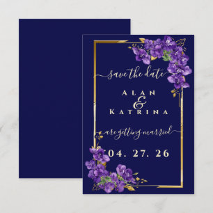 Reserve A Data Moldura Dourada Floral Violeta Azul-Marinho Elegan