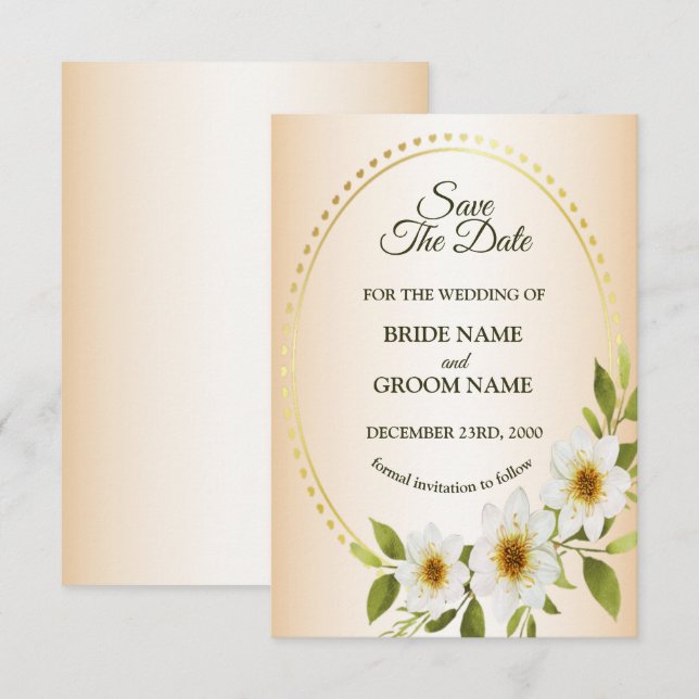Reserve A Data Moldura Dourada Rústica de Casamento Floral Branco (Frente/Verso)