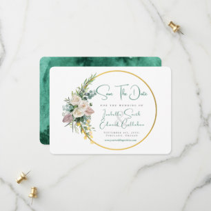Reserve A Data Moldura Floral e Dourada em Aquarela Verde Esmeral