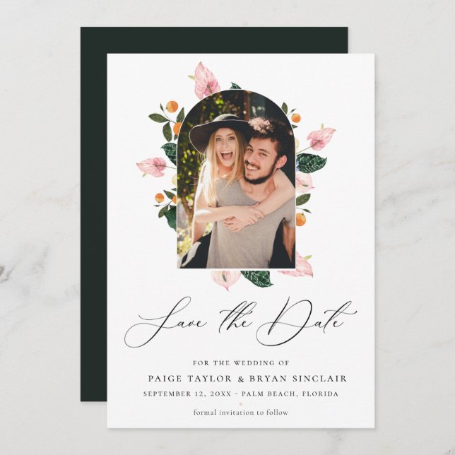 Reserve A Data Moldura Floral Moderna Salve a Foto da Data (Frente/Verso)