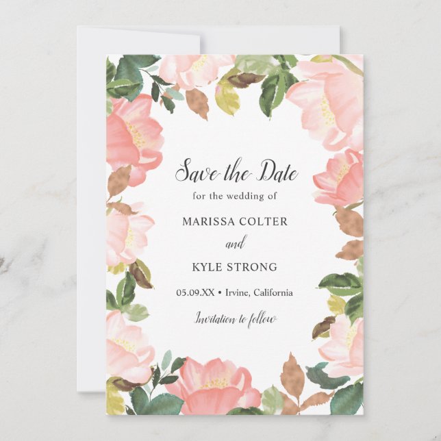 Reserve A Data Moldura Floral Rosa Elegante Casamento (Frente)