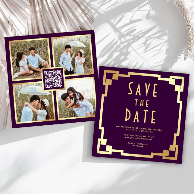 Reserve A Data Moldura Quadrada Art Déco Código QR Casamento Roxo (Criador carregado)