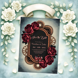 Reserve A Data Moldura Steampunk com Rosas vermelhas e engrenagen