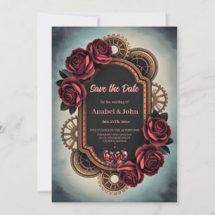 Reserve A Data Moldura Steampunk com Rosas vermelhas e engrenagen