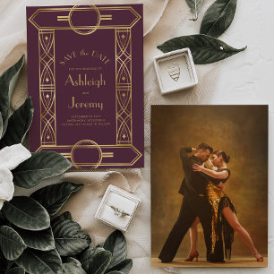 Reserve A Data Moldura Vintage Deco Dourada Foto Casamento Burgun