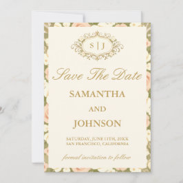 Reserve A Data Monogram Vintage Ivory Wedding Save the Date Card