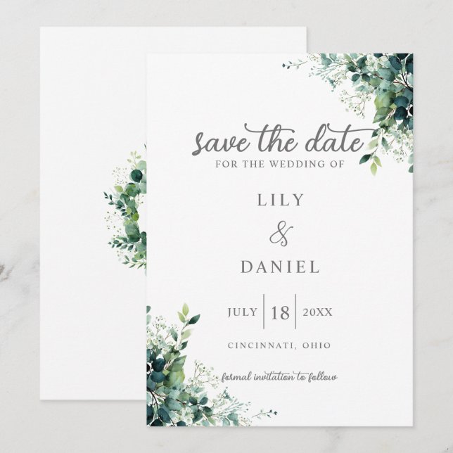 Reserve A Data Monograma de casamento com folhagem de eucalipto r (Frente/Verso)
