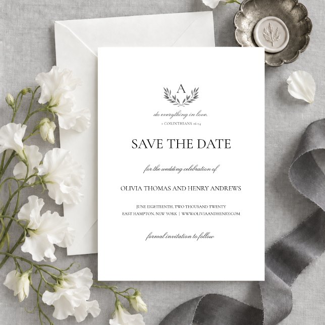 Reserve A Data Monograma de Casamento Cristão Olivia Save the Dat (This elegant save the date card features your monogram and a Bible verse on love.)