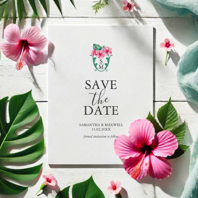 Reserve A Data Monograma de Casamento de Destino Salvar a Data (Destination wedding save the date tropical Hibiscus flowers and monogram Victoria Grigaliunas )