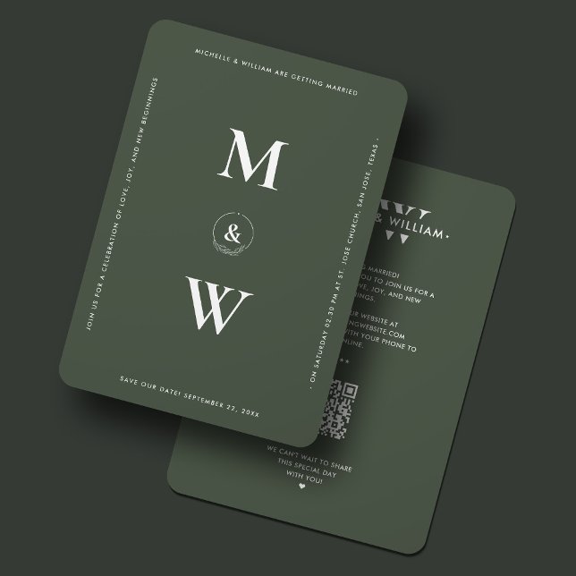 Reserve A Data Monograma de Casamento Moderno Musgo Verde Simples (Modern Wedding Monogram Moss Green Minimalist Save The Date
)