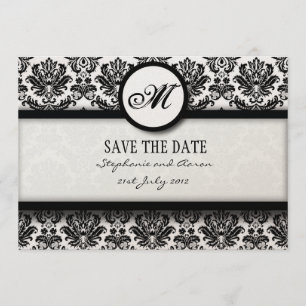 Reserve A Data Monograma de Damasco Preto e Branco Salvar a Placa