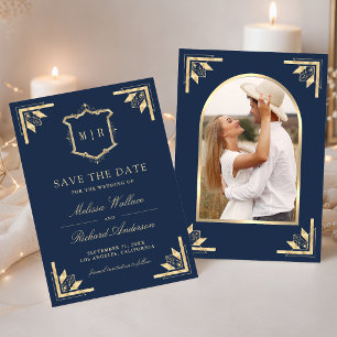 Reserve A Data Monograma de Foto do Gold Crest Casamento Azul Mar