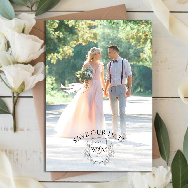 Reserve A Data Monograma de Foto Elegante Crest (Photo Elegant Crest Monogram Save The Date)