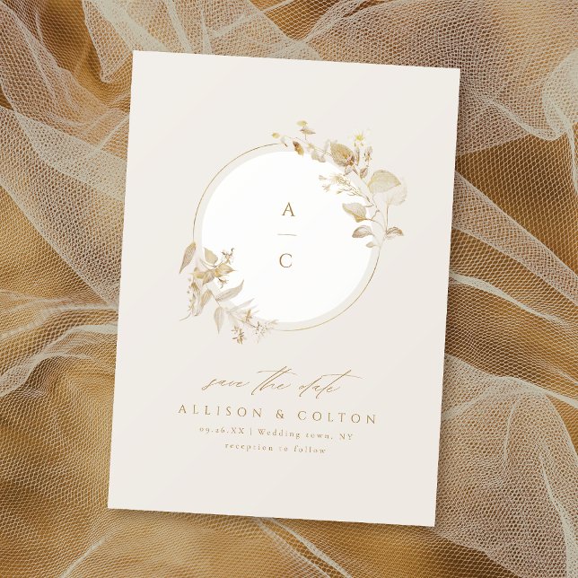 Reserve A Data Monograma Dourado de Verruga Botânica Elegante (Elegant Gold Botanical Floral Wreath Monogram Save The Date)