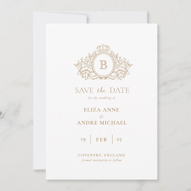 Reserve A Data Monograma Dourado e Branco Clássico Salvar a Data (Frente)