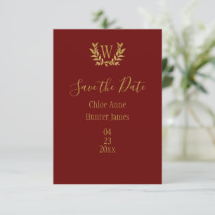 Reserve A Data Monograma Dourado Vermelho Elegante Mínimo