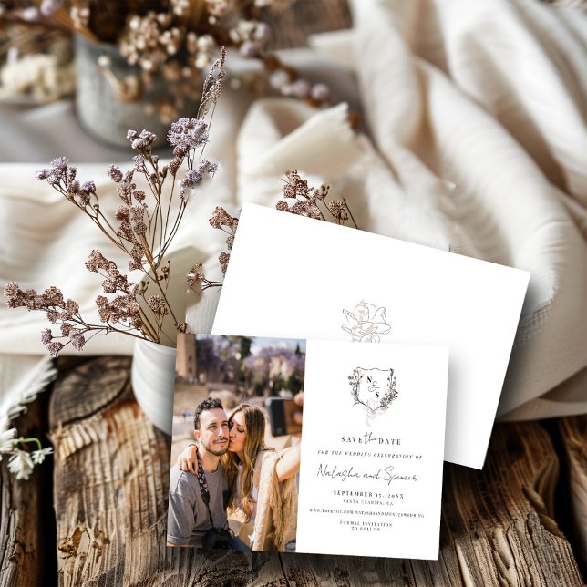 Reserve A Data Monograma Formal Preto e Branco Floral Crest (Criador carregado)