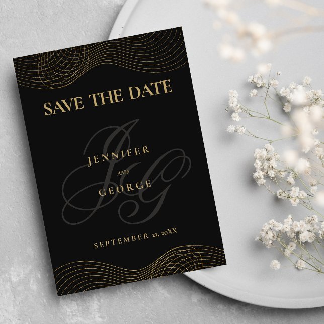 Reserve A Data Monograma Geométrico em Ouro Negro Salvar a Data (Geometric black gold monogram Save The Date)