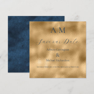 Reserve A Data Monograma Moderno Azul Dourado Casamento 