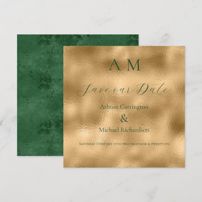 Reserve A Data Monograma Moderno de Ouro Verde para Casamento  (Frente/Verso)