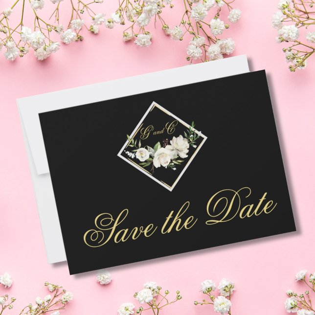 Reserve A Data Monograma Preto Elegante Dourado Salvar a Data (ELEGANT BLACK MONOGRAM SAVE THE DATE WEDDING ANNOUNCEMENT)