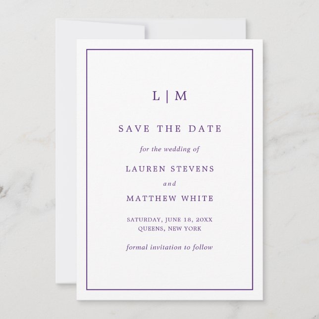 Reserve A Data Monograma Roxo Simples para Casamento Elegante (Frente)